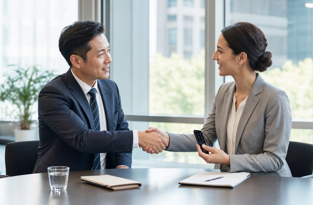 An international business meeting, two people shaking hands, one using a handheld translator device