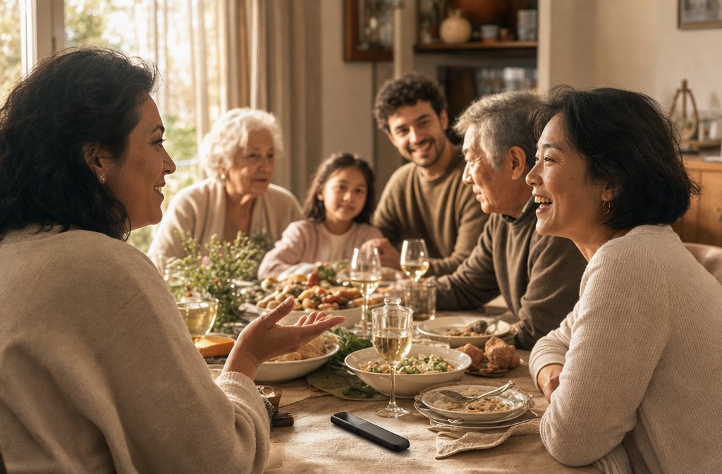 A multilingual family chatting around a dinner table with a handheld translator device on the table