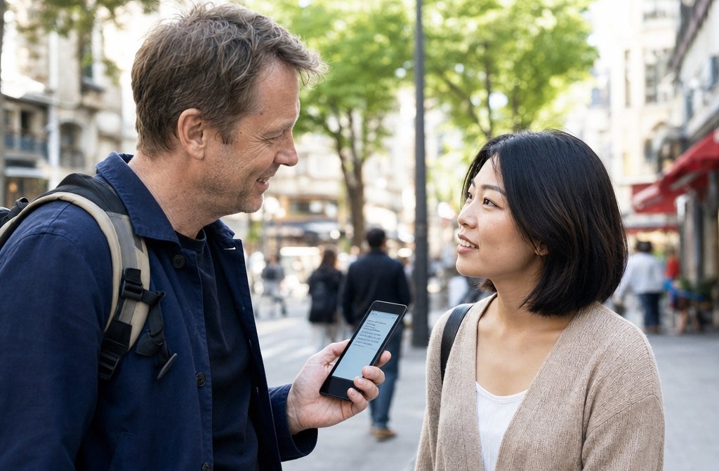 A British man and an Asian woman chatting easily on a city street, the man holding a small handheld translator device showing text on screen