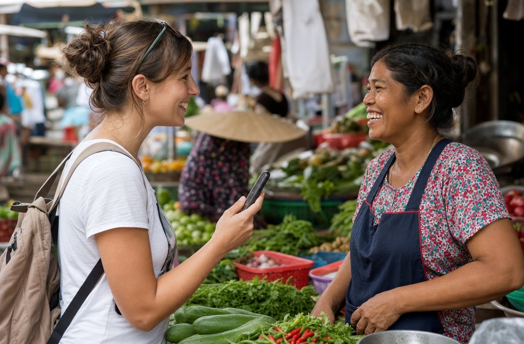 A traveller using a handheld translator device to talk with a friendly market vendor abroad